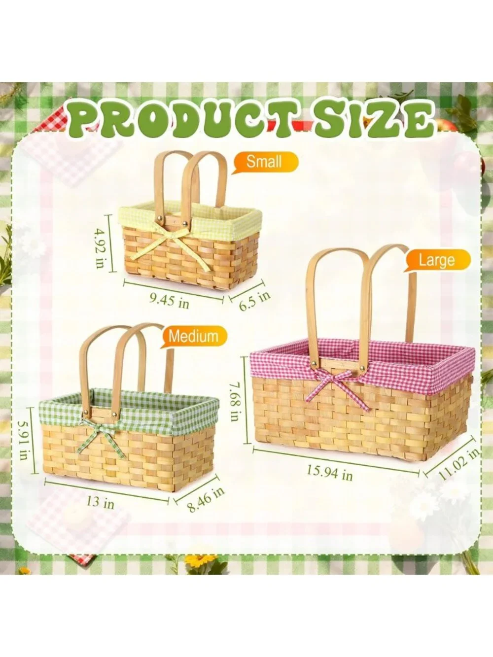 Set of 3 Picnic Baskets with Handles - Rustic Woven, Gingham Liner, Perfect for